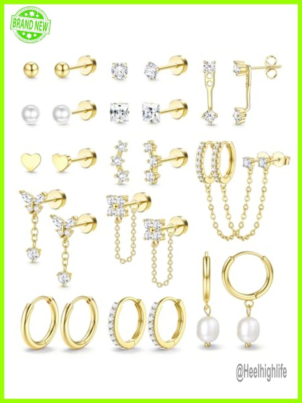 Hypoallergenic Flat Back Earrings Set 14K Gold Plated Stainless Steel Stud Hoop